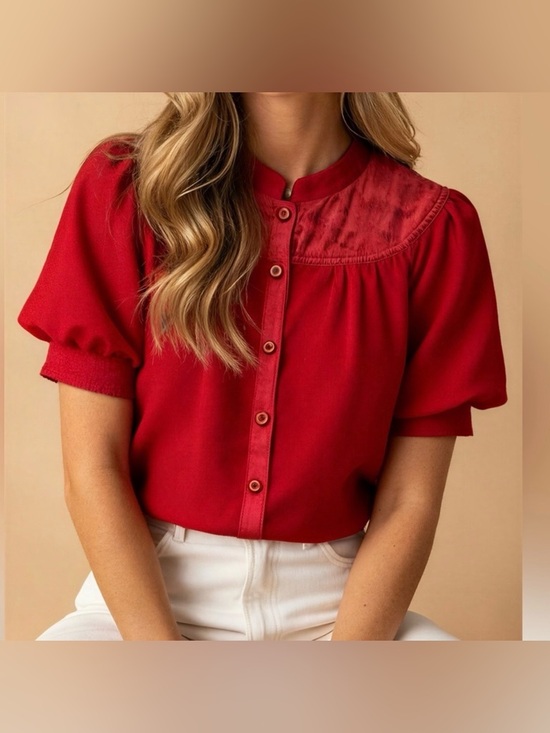 Maeve Tops - Maeve by Anthropologie Red Puff Sleeve Blouse Scarlett Red Lavoie Button Down 2